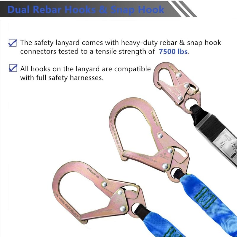 Ymachray 6FT Double Leg Internal Shock Absorbing Safety Fall Protection Lanyard with Dual Rebar & Snap Hook |Heavy-Duty Webbing | Roofer, | OSHA & ANSI Rated (AZ369-B-Shock Absorbing-Blue) - Image 4
